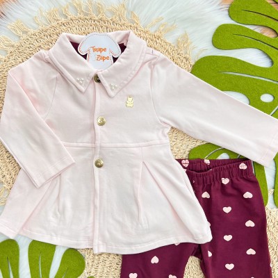 Conj. Sobretudo com Pérolas na Gola e Calça Legging Corações - Rosa e Uva